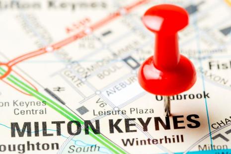 Image of map showing Milton Keynes with a red drawing pin