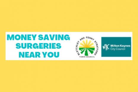 Image of town council and Milton Keynes Council's logos for hosting Money Saving Surgeries